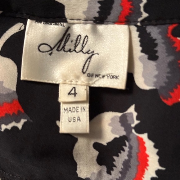 Milly Silk Floral Poppy Print Puff Sleeve Black Red Button Down Blouse Shirt Top - Picture 7 of 8